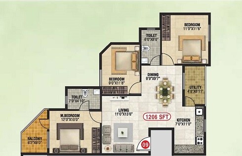 Floor plan of 3 BHK 1206 Sq. Ft. Apartment in VGR Greens, Bangalore