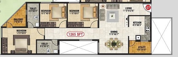 Floor plan of 3 BHK 1265 Sq. Ft. Apartment in VGR Greens, Bangalore