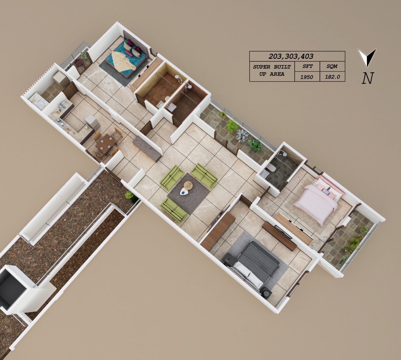 Floor plan of 3 BHK 1950 Sq. Ft. Apartment in Vidhathri Celestial Charm, Bangalore
