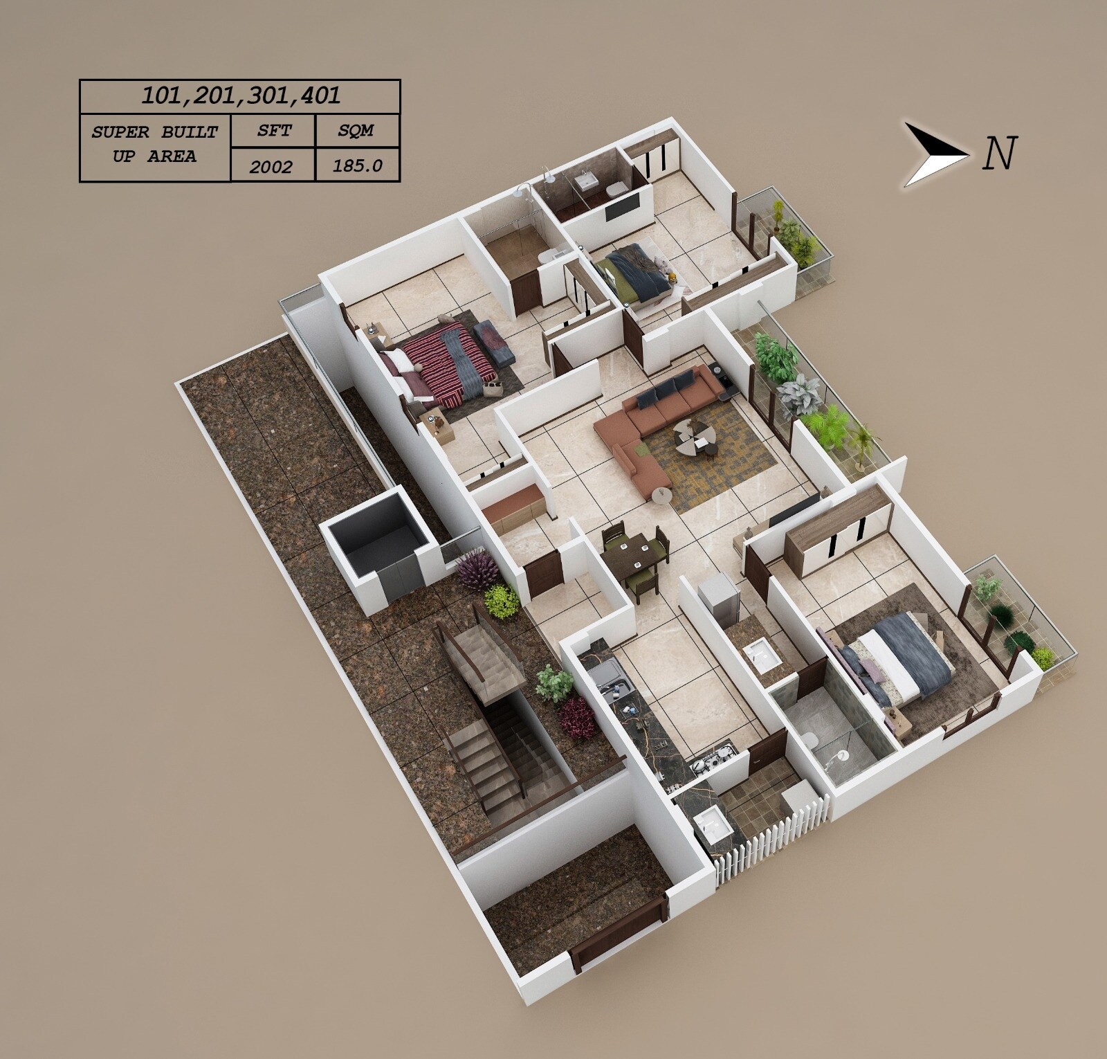 Floor plan of 3 BHK 2002 Sq. Ft. Apartment in Vidhathri Celestial Charm, Bangalore