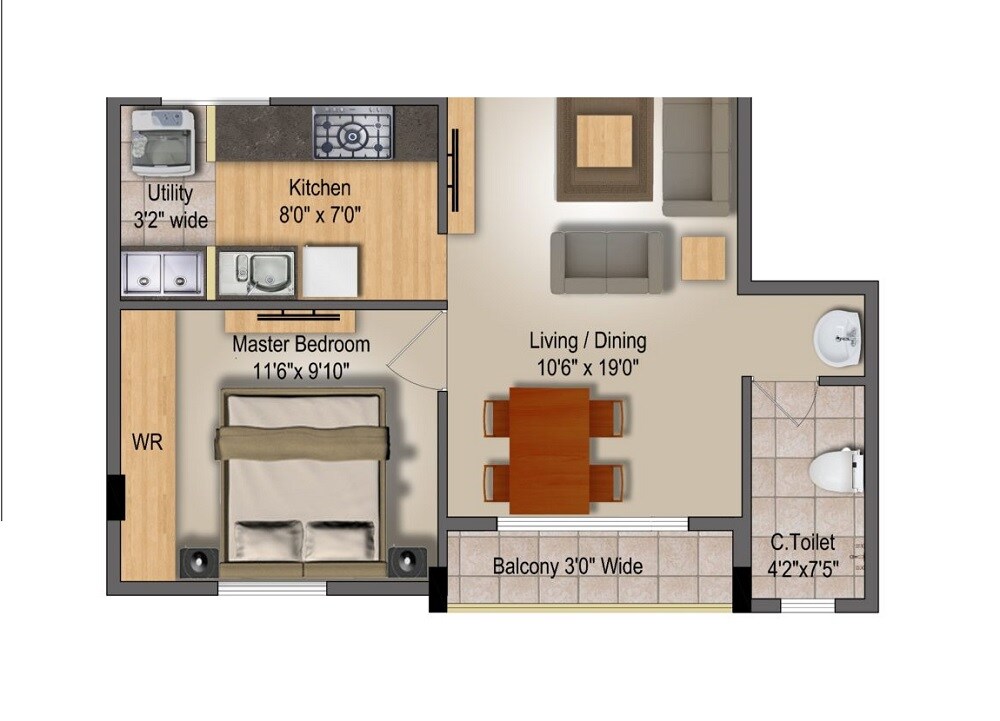 Floor plan of 1 BHK 650 Sq. Ft. Apartment in Vijaya Aqua Green, Bangalore