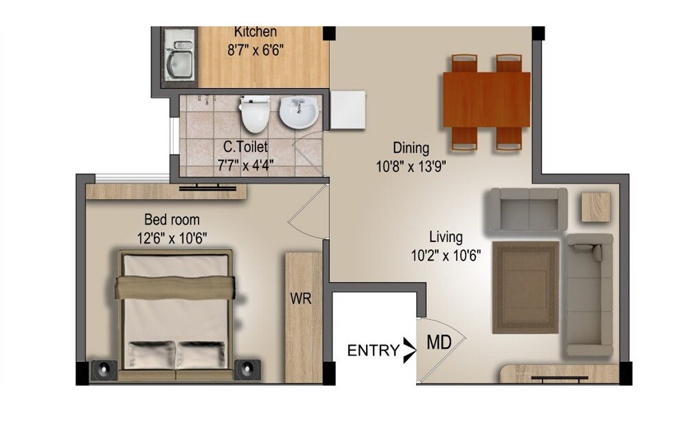 Floor plan of 1 BHK 680 Sq. Ft. Apartment in Vijaya Aqua Green, Bangalore