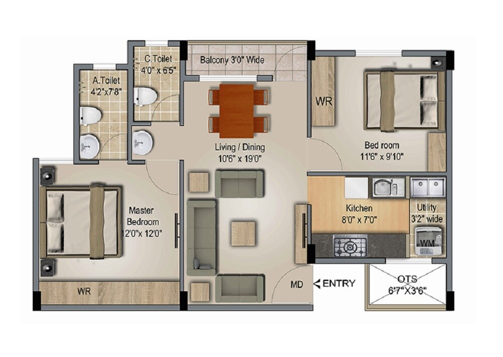 Floor plan of 2 BHK 880 Sq. Ft. Apartment in Vijaya Aqua Green, Bangalore