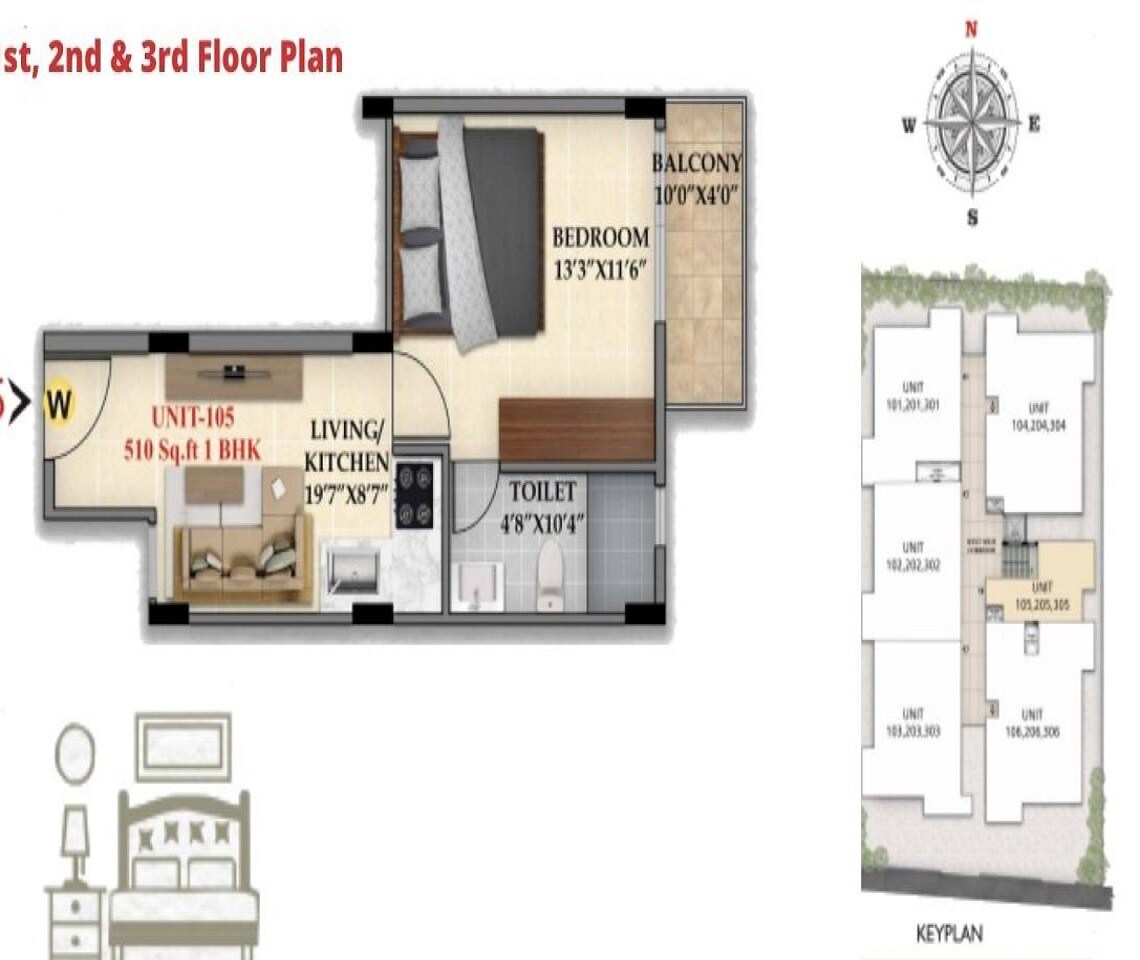 Floor plan of 1 BHK 510 Sq. Ft. Apartment in Vijaya Luxo, Bangalore