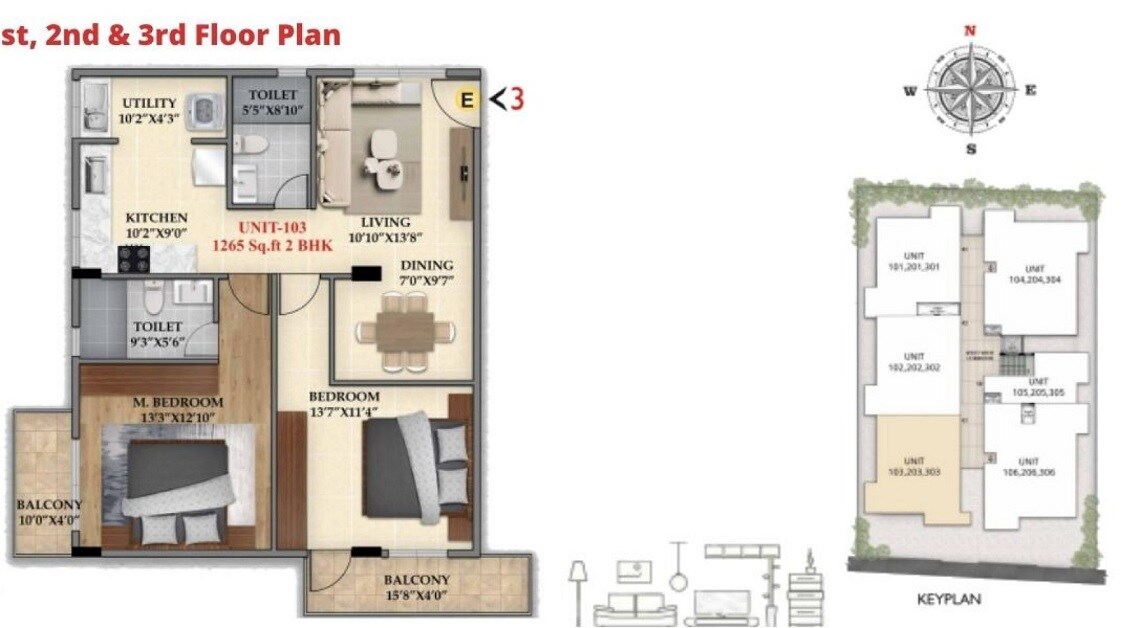 Floor plan of 2 BHK 1265 Sq. Ft. Apartment in Vijaya Luxo, Bangalore