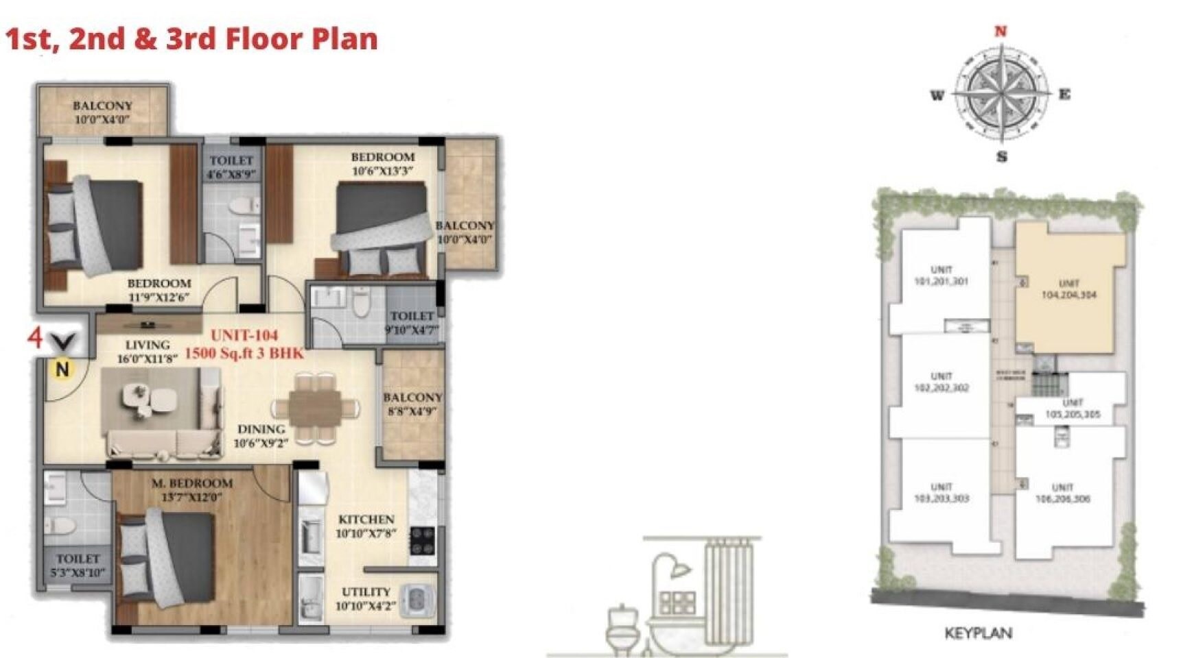 Floor plan of 3 BHK 1500 Sq. Ft. Apartment in Vijaya Luxo, Bangalore