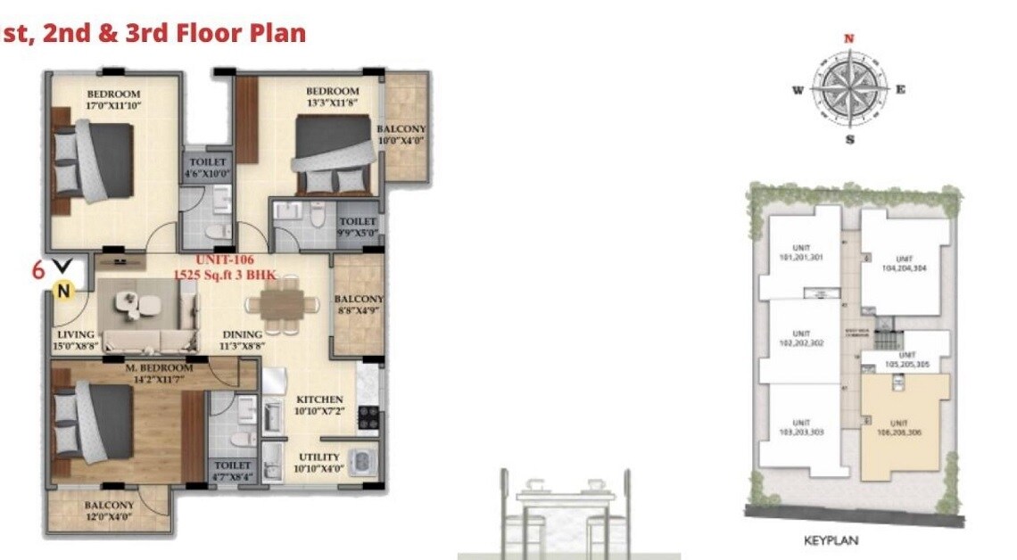 Floor plan of 3 BHK 1525 Sq. Ft. Apartment in Vijaya Luxo, Bangalore