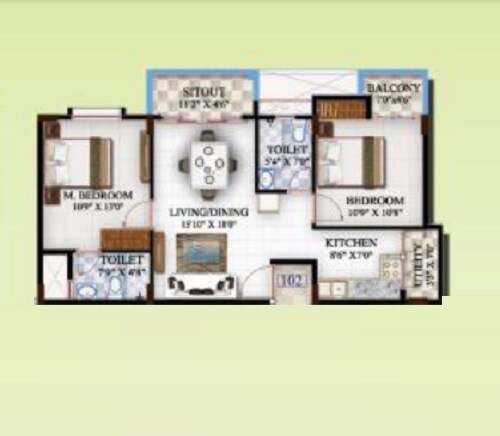 Floor plan of 2 BHK 960 Sq. Ft. Apartment in Vijayasri Eldorado, Bangalore