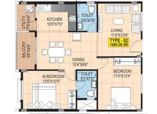 Floor plan of 2 BHK 1060 Sq. Ft. Apartment in Vikas Hills View Meadows, Bangalore