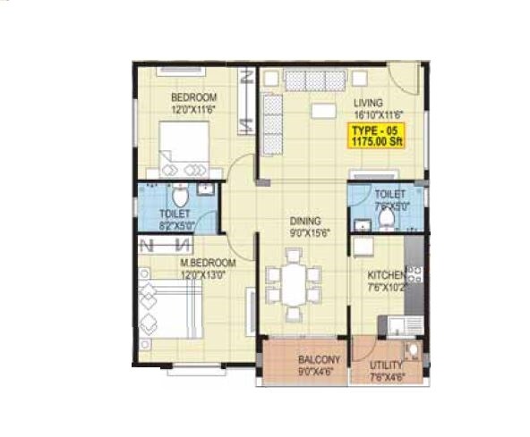 Floor plan of 2 BHK 1175 Sq. Ft. Apartment in Vikas Hills View Meadows, Bangalore