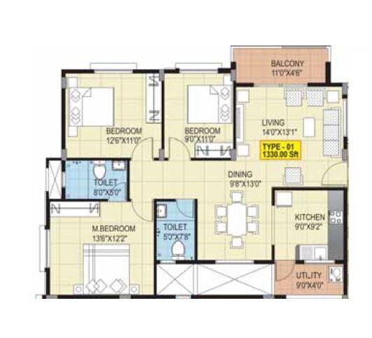 Floor plan of 3 BHK 1330 Sq. Ft. Apartment in Vikas Hills View Meadows, Bangalore