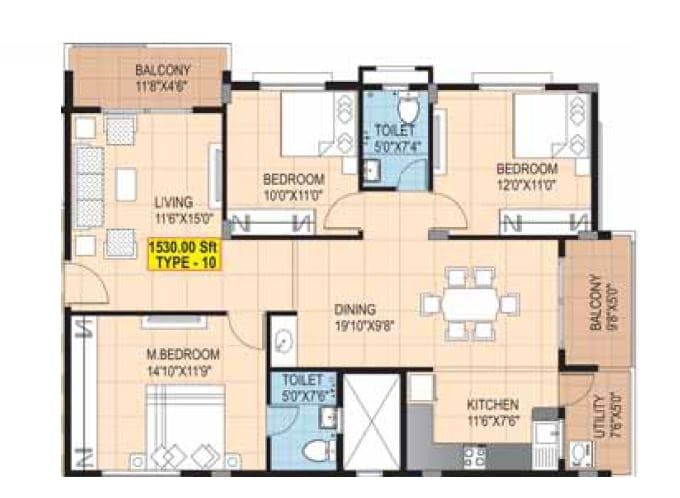 Floor plan of 3 BHK 1530 Sq. Ft. Apartment in Vikas Hills View Meadows, Bangalore