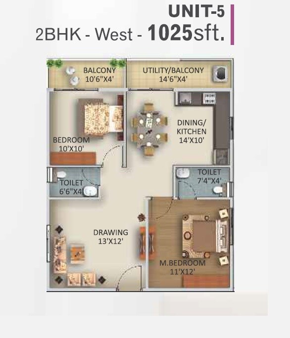 Floor plan of 2 BHK 1025 Sq. Ft. Apartment in Vikyath Elegant, Bangalore