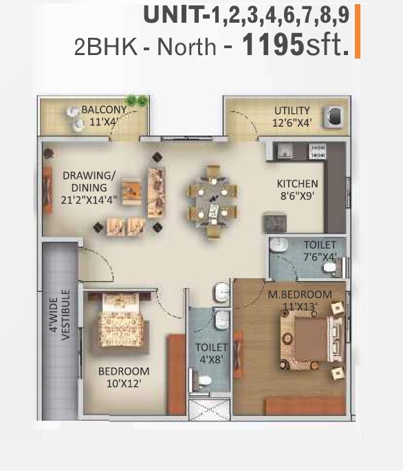 Floor plan of 2 BHK 1195 Sq. Ft. Apartment in Vikyath Elegant, Bangalore