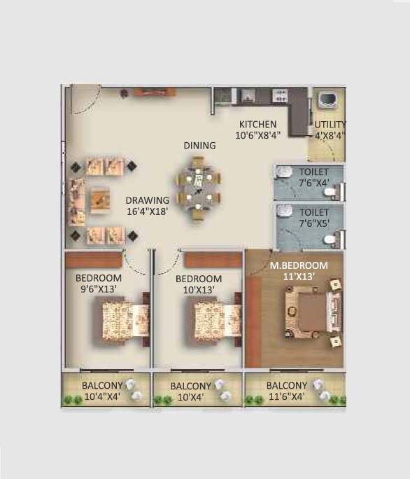 Floor plan of 3 BHK 1490 Sq. Ft. Apartment in Vikyath Elegant, Bangalore