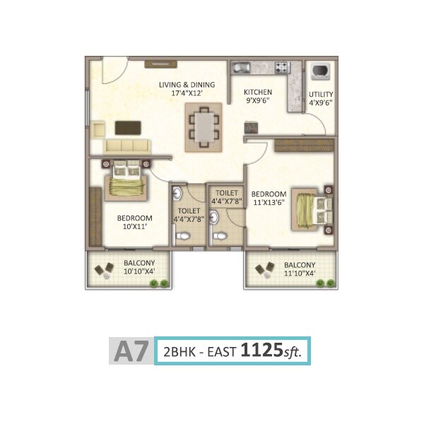 Floor plan of 2 BHK 1125 Sq. Ft. Apartment in Vikyath Signature, Bangalore