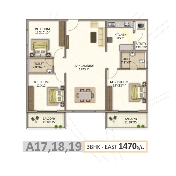 Floor plan of 3 BHK 1470 Sq. Ft. Apartment in Vikyath Signature, Bangalore