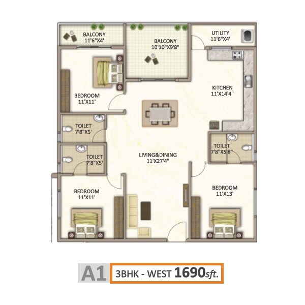 Floor plan of 3 BHK 1690 Sq. Ft. Apartment in Vikyath Signature, Bangalore