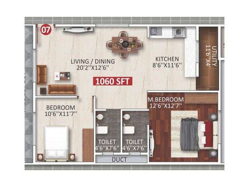 Floor plan of 2 BHK 1060 Sq. Ft. Apartment in Vikyath White Meadows, Bangalore
