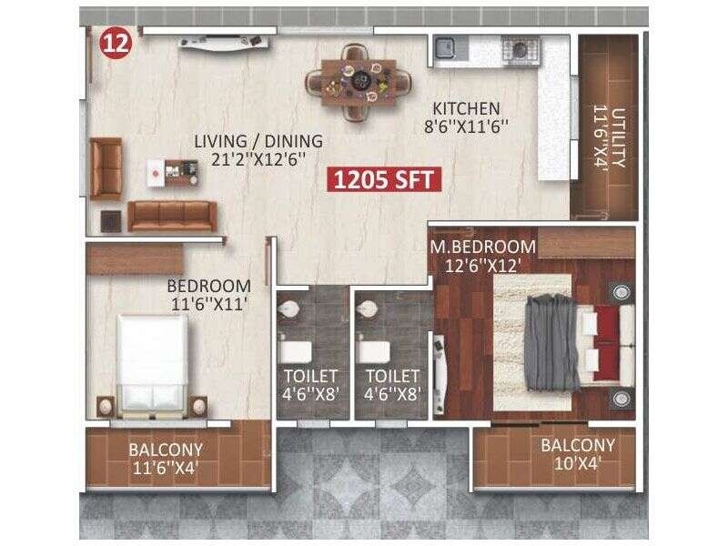 Floor plan of 3 BHK 1205 Sq. Ft. Apartment in Vikyath White Meadows, Bangalore