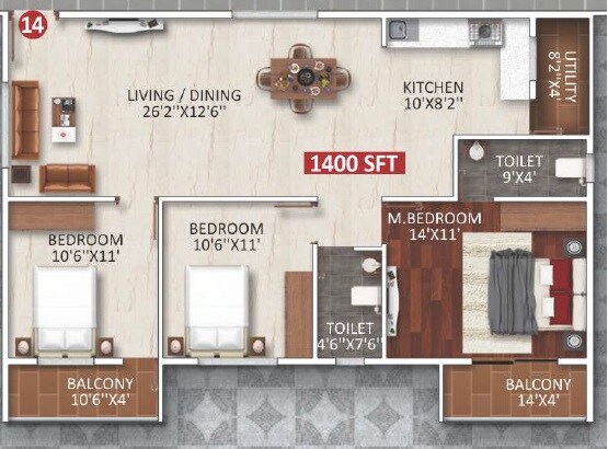 Floor plan of 3 BHK 1400 Sq. Ft. Apartment in Vikyath White Meadows, Bangalore