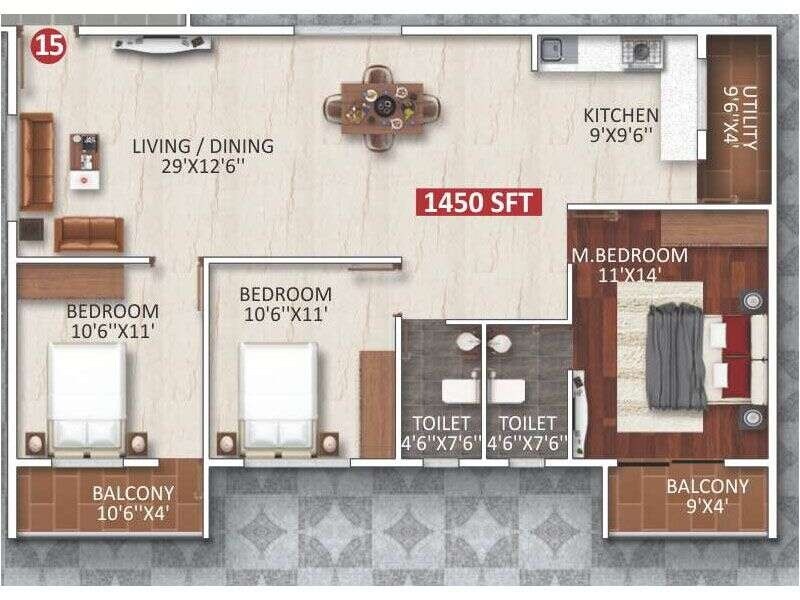 Floor plan of 3 BHK 1450 Sq. Ft. Apartment in Vikyath White Meadows, Bangalore