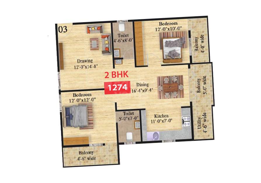 Floor plan of 2 BHK 1274 Sq. Ft. Apartment in Vilara Legacy, Bangalore