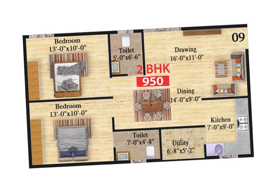 Floor plan of 2 BHK 950 Sq. Ft. Apartment in Vilara Legacy, Bangalore