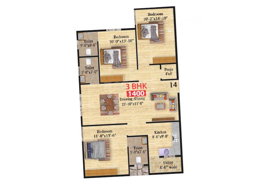 Floor plan of 3 BHK 1400 Sq. Ft. Apartment in Vilara Legacy, Bangalore