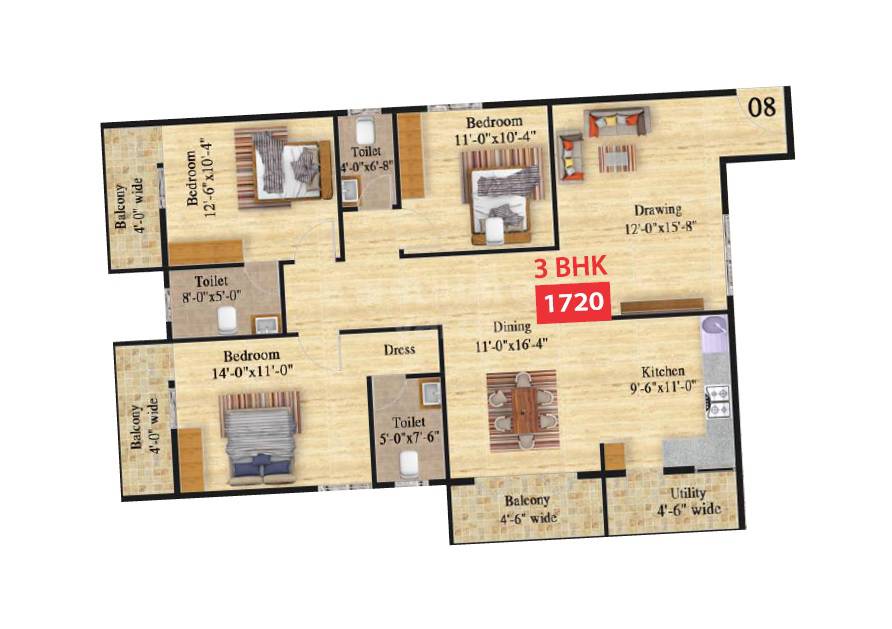 Floor plan of 3 BHK 1720 Sq. Ft. Apartment in Vilara Legacy, Bangalore