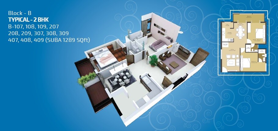 Floor plan of 2 BHK 1289 Sq. Ft. Apartment in Vinyaas Virtue, Bangalore