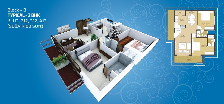 Floor plan of 2 BHK 1400 Sq. Ft. Apartment in Vinyaas Virtue, Bangalore