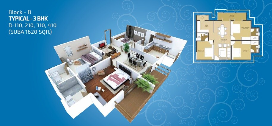 Floor plan of 3 BHK 1620 Sq. Ft. Apartment in Vinyaas Virtue, Bangalore