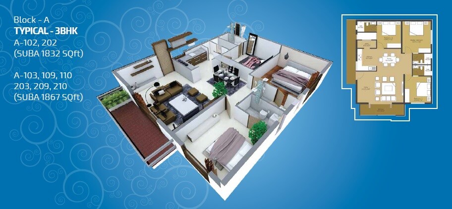 Floor plan of 3 BHK 1832 Sq. Ft. Apartment in Vinyaas Virtue, Bangalore