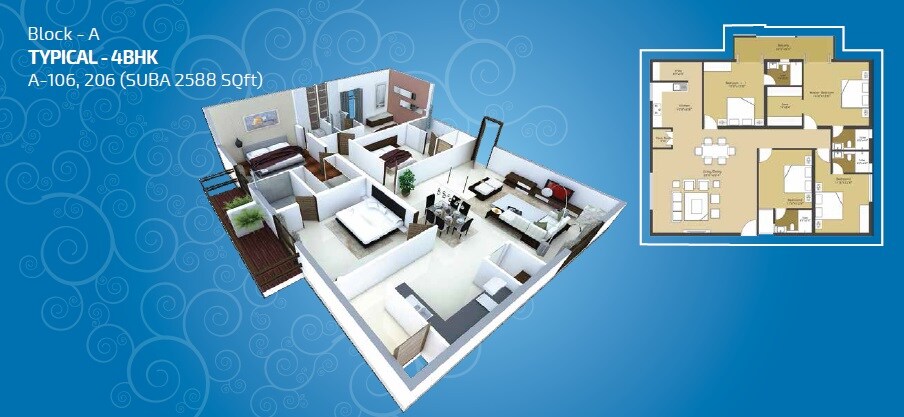 Floor plan of 4 BHK 2588 Sq. Ft. Apartment in Vinyaas Virtue, Bangalore