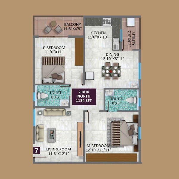 Floor plan of 2 BHK 1134 Sq. Ft. Apartment in Virtue Nirvana, Bangalore