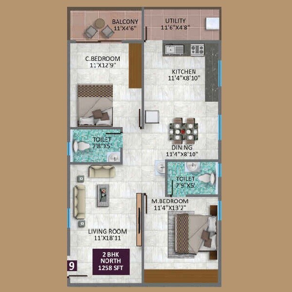 Floor plan of 2 BHK 1258 Sq. Ft. Apartment in Virtue Nirvana, Bangalore
