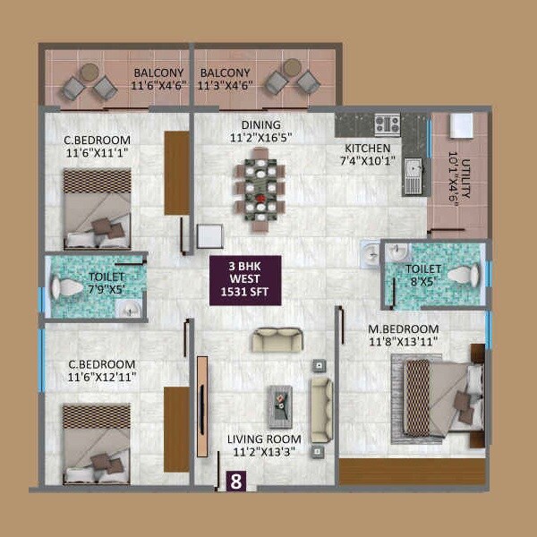 Floor plan of 3 BHK 1531 Sq. Ft. Apartment in Virtue Nirvana, Bangalore