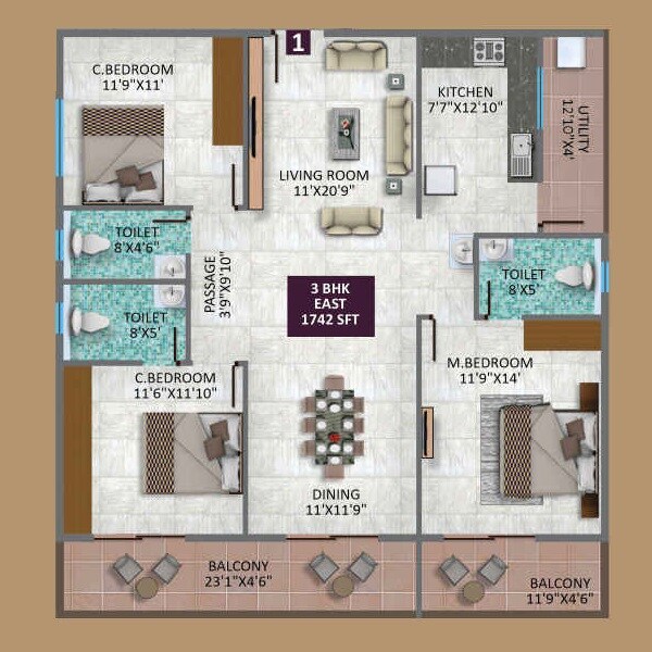 Floor plan of 3 BHK 1742 Sq. Ft. Apartment in Virtue Nirvana, Bangalore