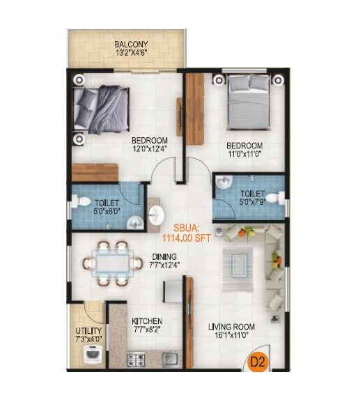 2 BHK 1114 Sq. Ft. Apartment