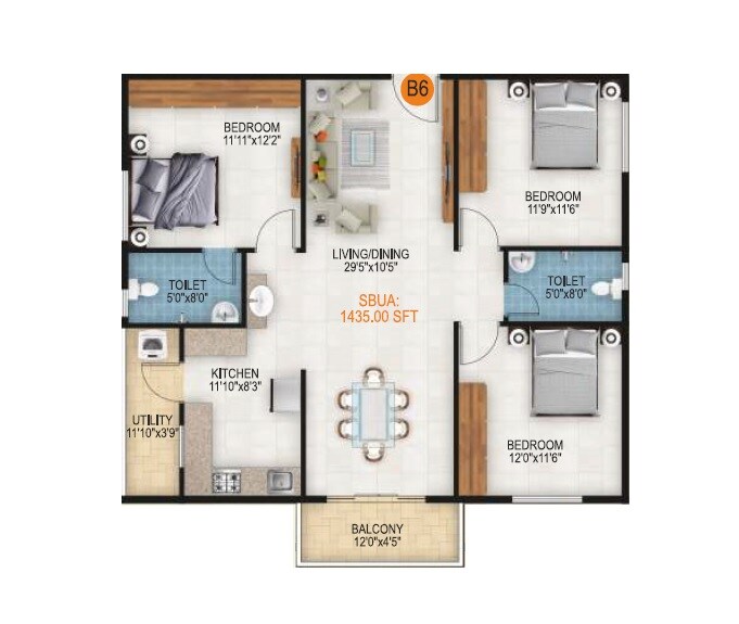 3 BHK 1435 Sq. Ft. Apartment