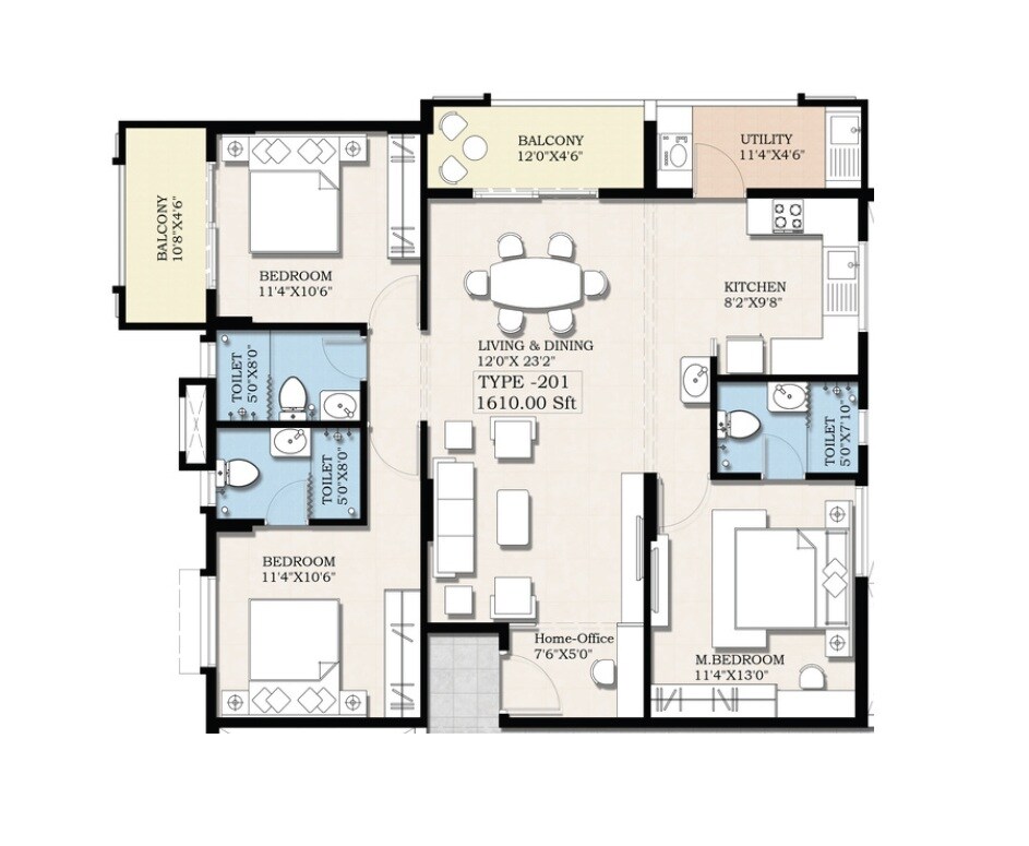 Floor plan of 3 BHK 1610 Sq. Ft. Apartment in Visalakshi Nagama Serenity, Bangalore