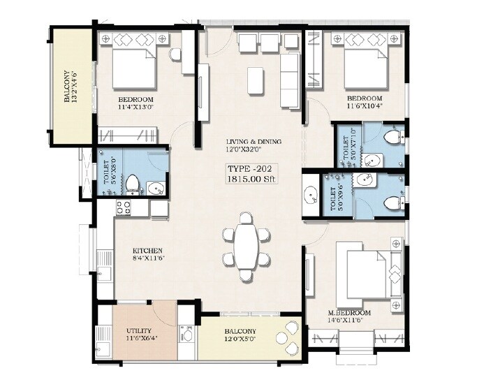 Floor plan of 3 BHK 1815 Sq. Ft. Apartment in Visalakshi Nagama Serenity, Bangalore