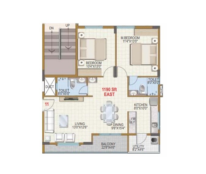 Floor plan of 2 BHK 1190 Sq. Ft. Apartment in Visalakshi Prakruthi, Bangalore