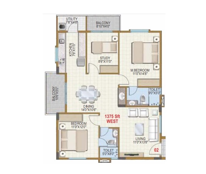 Floor plan of 2 BHK 1375 Sq. Ft. Apartment in Visalakshi Prakruthi, Bangalore