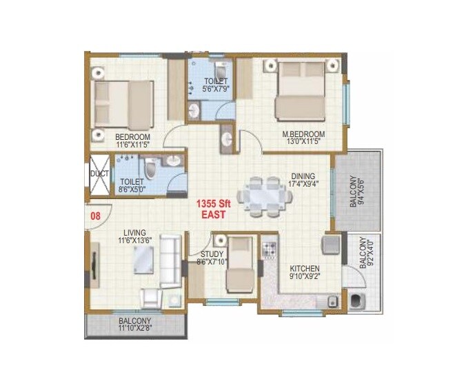 Floor plan of 3 BHK 1355 Sq. Ft. Apartment in Visalakshi Prakruthi, Bangalore