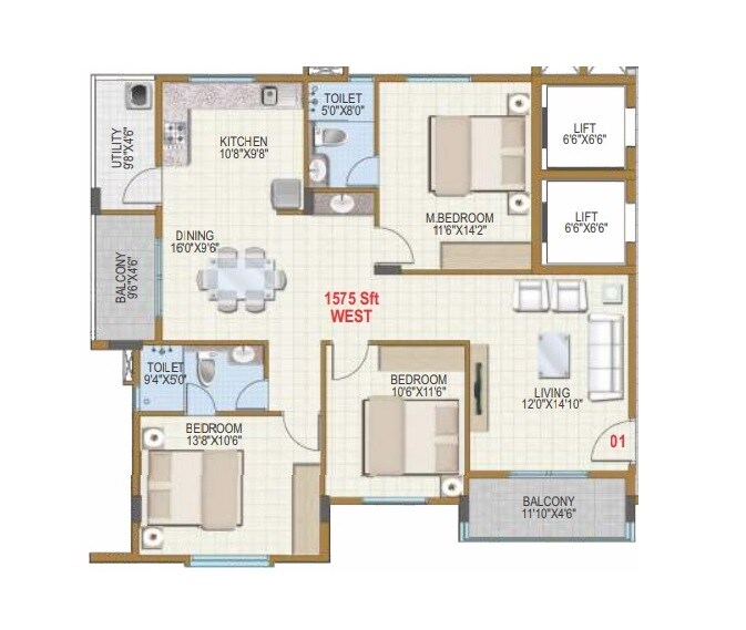 Floor plan of 3 BHK 1405 Sq. Ft. Apartment in Visalakshi Prakruthi, Bangalore