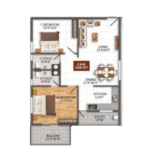 Floor plan of 2 BHK 1200 Sq. Ft. Apartment in Vishnu Brunda Vihari, Bangalore