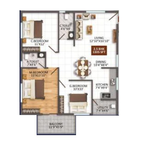 Floor plan of 2 BHK 1335 Sq. Ft. Apartment in Vishnu Brunda Vihari, Bangalore