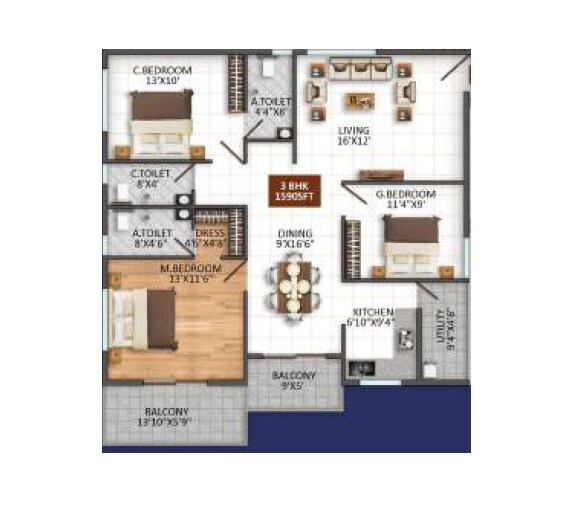 Floor plan of 3 BHK 1590 Sq. Ft. Apartment in Vishnu Brunda Vihari, Bangalore